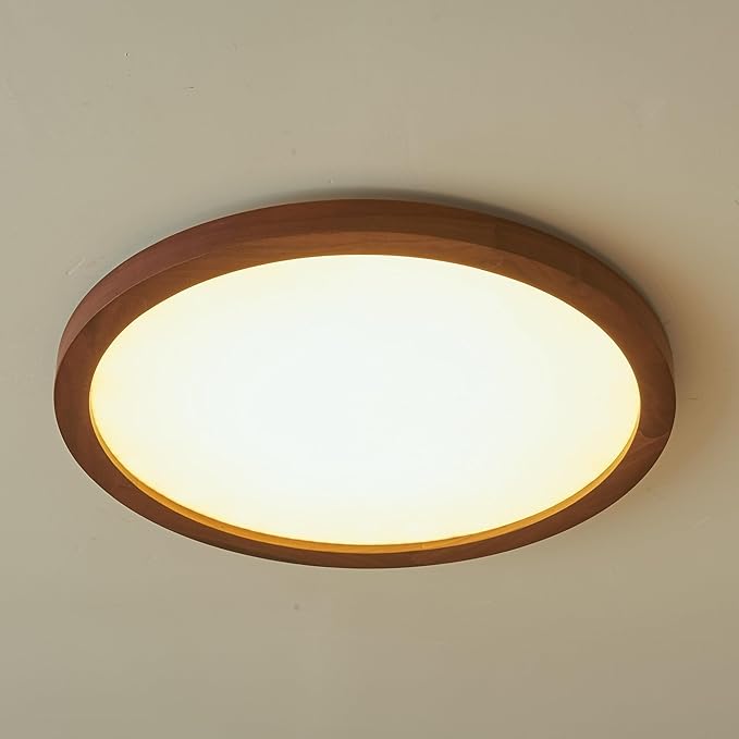 Ultra-Thin LED Ceiling Light Fixture 24.4", Handcrafted Walnut Wood Modern Wabi-Sabi Style, Slim 2.5cm Profile, 37W LED 3000K-4000K-6000K, Round Minimalist Lamp for Bedroom Kitchen Hallway