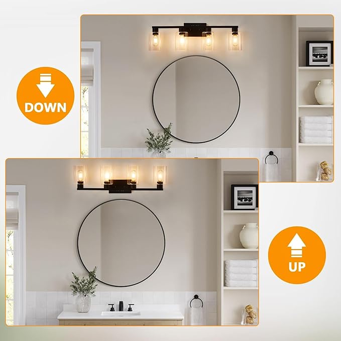 4 Light Bathroom Light Fixtures Black, 28" Vanity Lights Rust Proof Moisture-proof Easy to Clean with Clear Glass for Living Room Cabinet Bedroom Porch for Bathroom Lighting Fixtures over Mirror