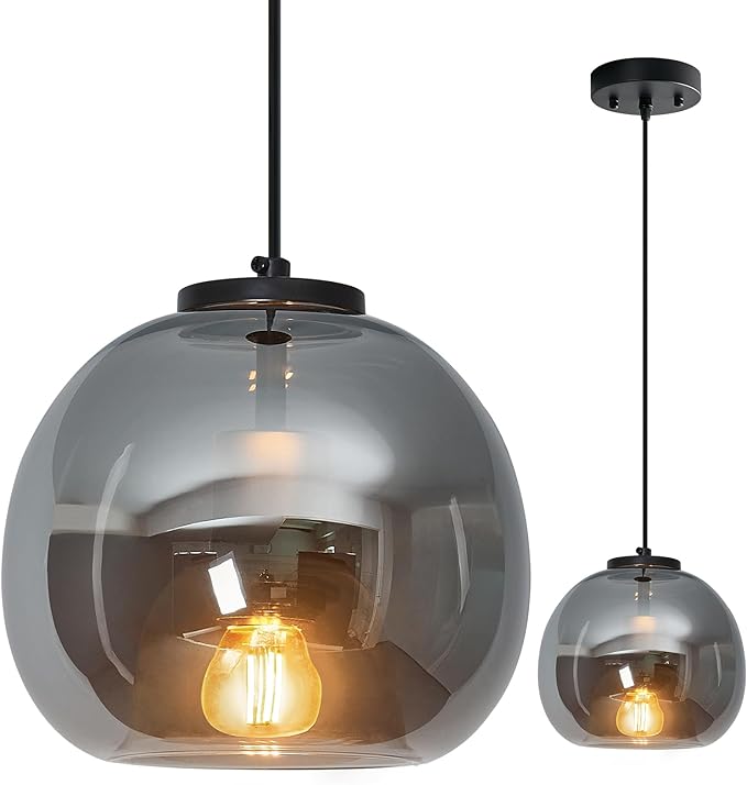 Mirror Smoke Gray Glass Pendant Lights Kitchen Island Black Hanging Light Fixture 7.87" Glass Globe Pendant Light Modern Pendant Lighting for Kitchen Island Bedroom Dining Room (7.87", 1 Pack)