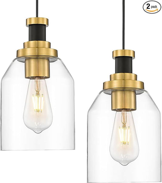 zeyu Glass Pendant Lights Kitchen Island 2 Pack, Modern Hanging Light for Kitchen Sink Dining Room, Clear Glass Shade, Black and Gold Finish, ZG33M1L-2L BK+BG