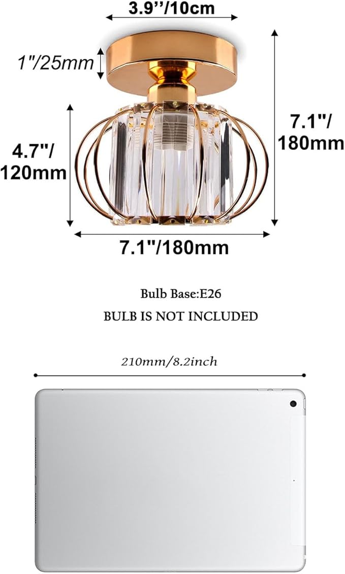 Gold Modern Semi Flush Mount Ceiling Light Fixture Mini Chandeliers Crystal Ceiling Flush Mount Ceiling Lighting Fixture Lampshade for Bedroom Kitchen Hallway Staircase Closet Dining Room E26 Base