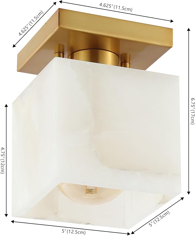 JONATHAN Y 5" White Marbling/Brass Gold Modern 1-Light Semi Flush Mount Ceiling Light for Bedroom, Cube White Alabaster Marble Shade, Mid-Century Minimalist Fixture, LED Bulb Included JYL1202A