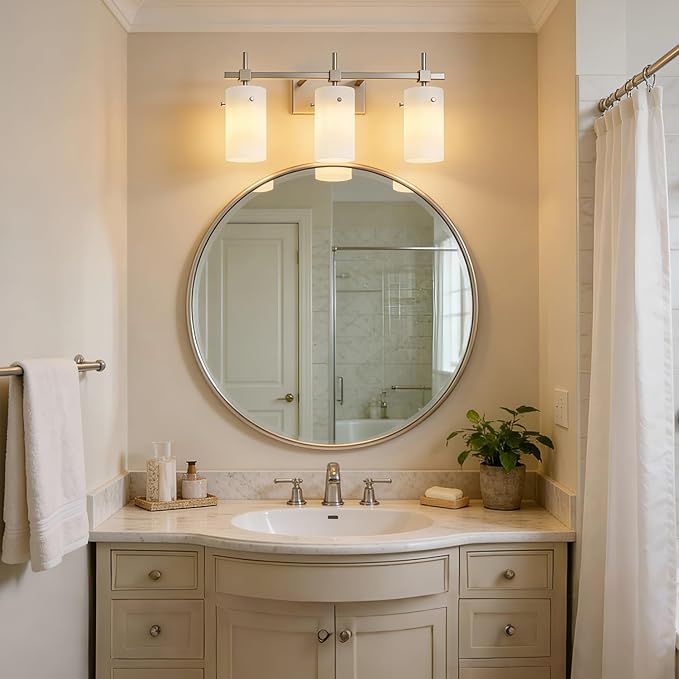 SOLFART Brushed Nickel Bathroom Light Fixtures, 3-Light Modern Vanity Light Over Mirror, Wall Sconces with Milky White Frosted Glass Shades, E26 Socket (Bulbs Not Included)