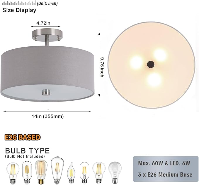 14 inch Semi Flush Mount Ceiling Light: 3-Light Modern Brushed Nickel Light Fixtures Ceiling Mount Lamp, Drum Gray Linen Shade & Glass Diffuser Perfect for Entryway Kitchen(Bulb Exclude)