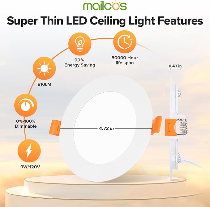 MAILCOS 12 Pack 4 Inch Ultra-Thin LED Recessed Ceiling Light with Junction Box, 5000K Daylight, 810LM High Brightness, Dimmable Canless Wafer Downlight, 9W 120V, ETL