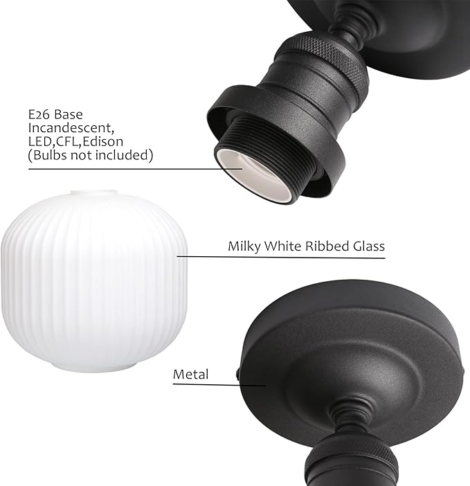 Pathson Vintage Flush Mounted Ceiling Light with Milk White Glass, Modern Ceiling Lamp Fixture for Farmhouse Hallway Foyer Loft Living Room Bedroom Matte Black Finished