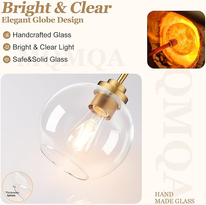 2 Pack 7.2-Inch Globe Pendant Lights, Mid Century Gold Pendant Light Fixtures, Globe Pendant Lights Kitchen Island with Clear Glass Shade Adjustable Hanging Fixture for Dining Room Bulbs not Included