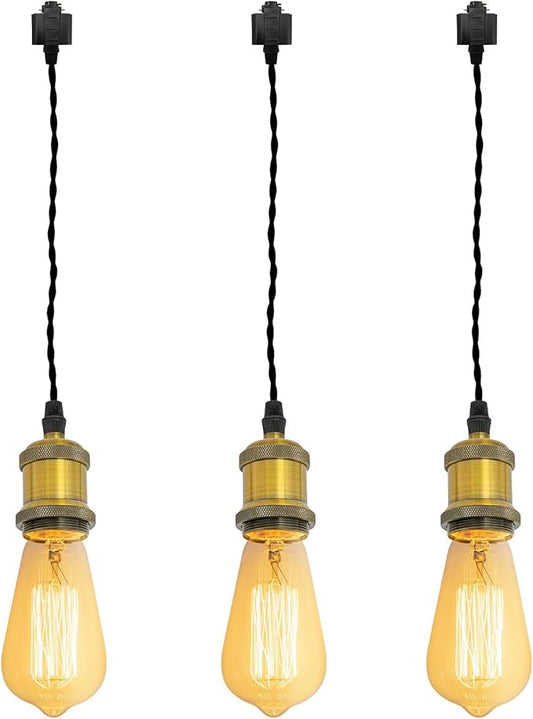 Kiven H-Type Wire Track LightPendants,Cord Length Customization Provided, 3 Lights Restaurant Decorative Pendant Light Industrial Pendant Lamp, Bulb Not Included,Gold Finish