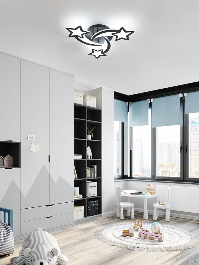 Goeco Kidsroom Ceiling Light, 3 Light Mode Black Acrylic Close to Ceiling Light Fixtures, Stars Creative Cartoon Flush Mount Ceiling Lamp Fixture for Kids Room, Bedroom, Living Room