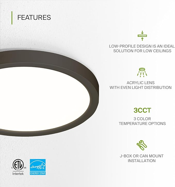 ASD LED 7" Round Flush Mount Light | 15W 1220LM 3000-5000K 120V | 3CCT, Dimmable, Ultra Slim, ETL Listed | Thin Surface Lamp, Bedroom Ceiling Lighting | Bronze, 6 Pack