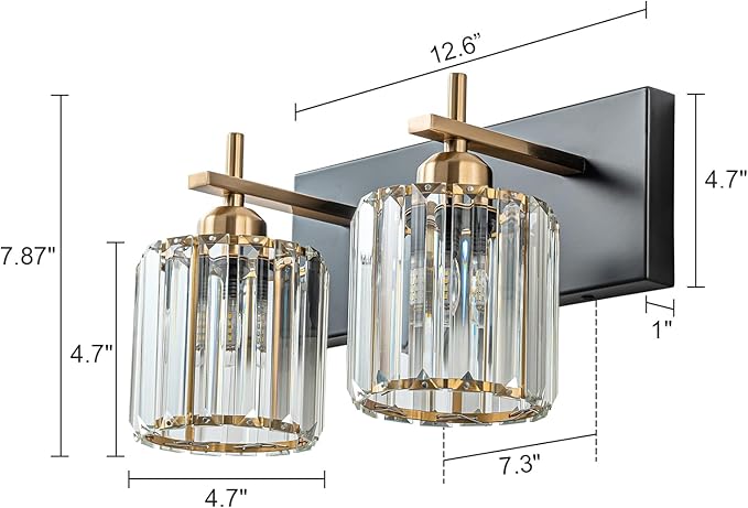 2-Light Crystal Bathroom Vanity Lights, Black Gold Modern Bathroom Light Fixtures Over Mirror Crystal Wall Lighting with Polished Gold Finish