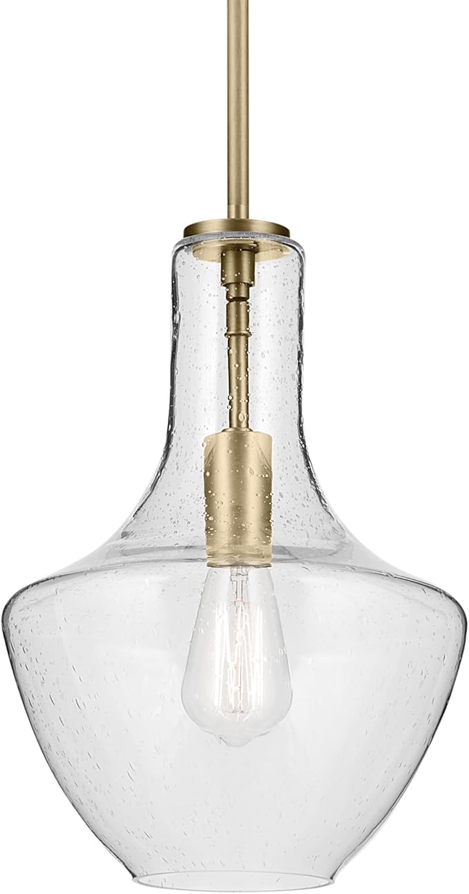 Everly 15.25" 1-Light Bell Pendant with Clear Seeded Glass in Brushed Natural Brass, for a Kitchen Island, Dining Nook, or Home Bar, (15.25" x 10.5") 42141NBRCS