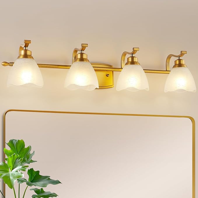 Bathroom Light Fixtures (4-Light, 32 Inch), Brushed Gold Vanity Lights for Bathroom with White Frosted Glass Shade, Modern Vanity Wall Lights for Mirror Bedroom Living Room Kitchen Hallway Porch