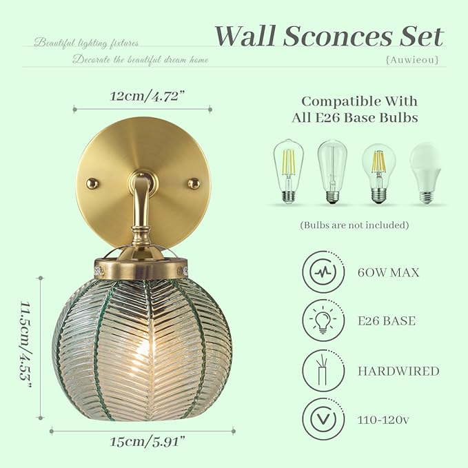 Gold wall Sconce Vintage Wall Sconces Light Wall lamp with Ribbed Green Glass Shade mid Century Modern Bathroom Vanity Light Art Deco Vanity Lights Over Mirror Bedroom Hallway Living Room