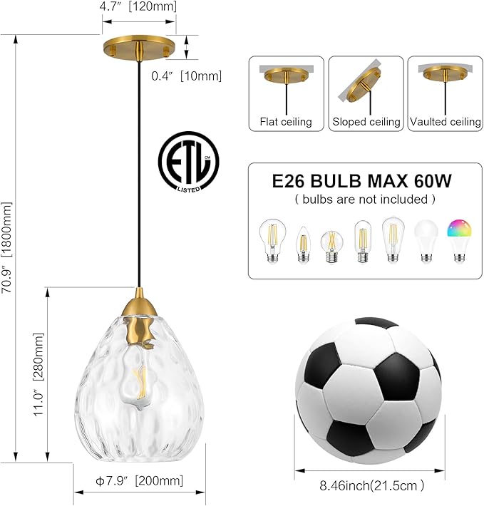 8''Small Pendant Light Fixtures,1-Light Modern Pendant Lights with Clear Hammered Glass Shade,Gold Adjustable Hanging Pendant Lighting for Kitchen Island Dining Room Bedroom(1 Pack)