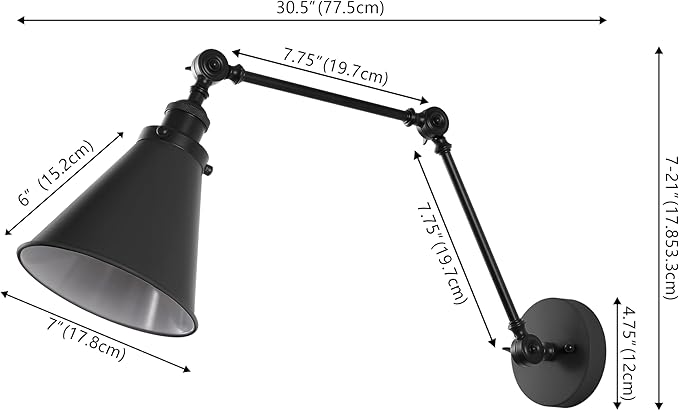 JONATHAN Y 7" Black Classic Industrial Metal Adjustable Arm LED Wall Sconce for Bedside Reading, Farmhouse Swing Arm Wall Lamp with Metal Shade, Hardwired (JYL7462E-SET2)