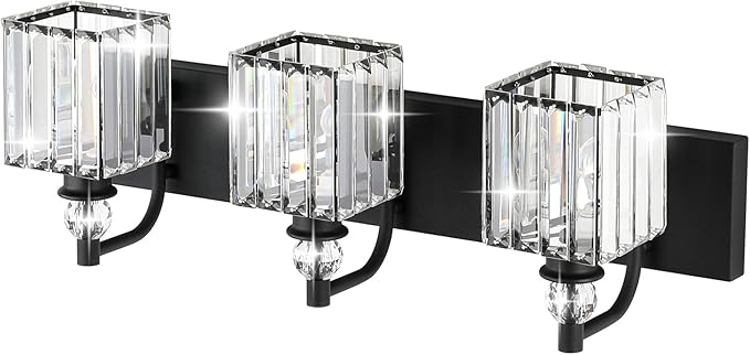 Ralbay Crystal Black Vanity Light for Bathroom 3 Light 24''Modern Matte Black Bathroom Vanity Lighting Fixtures Over Mirror