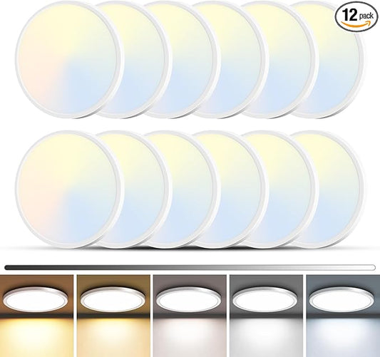 zemty 12Pack LED Flush Mount Ceiling Light, 12Inch 24W Dimmable Ceiling Lights Fixture, 5 Color Temperatures (3000K-6500K) White Round Ceiling Lamp for Bedroom, Kitchen, Hallway,Bathroom