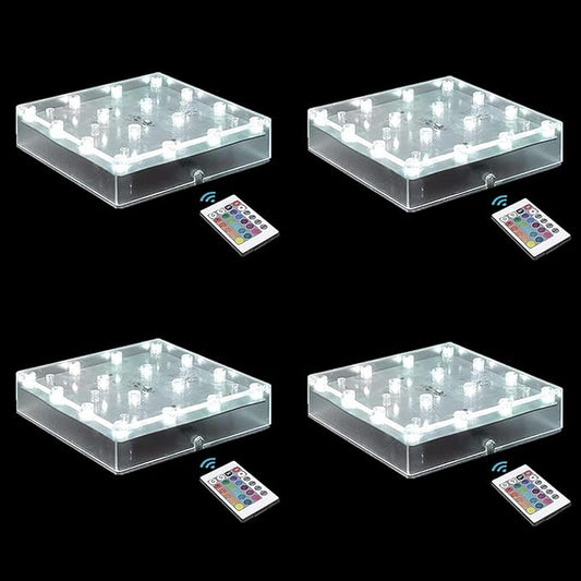 LARDUX Pack of 4 Square LED Light Base with Remote -5 Inch Multicolor Display Pedestal Light Base for Glass Crystal Sculpture Vase Decoration - Charging USB or Battery Powered