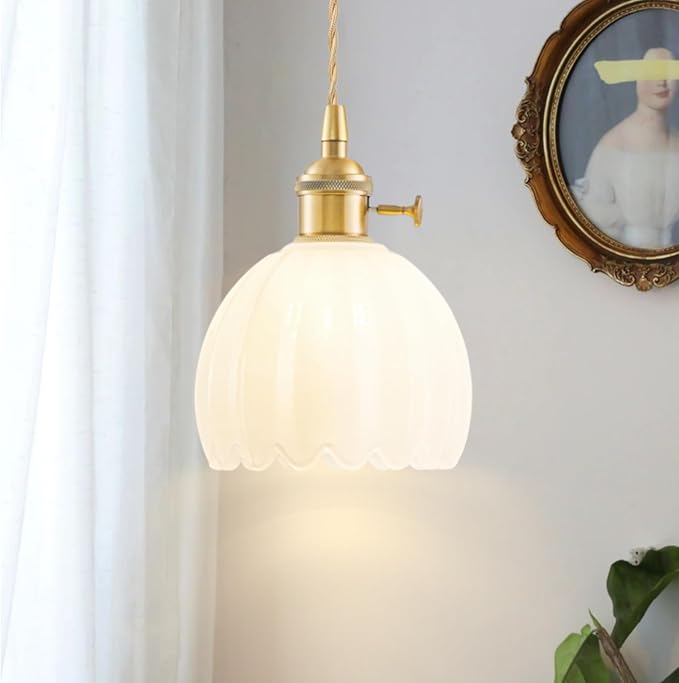 Plug in Pendant Light Fixtures, Hanging Light Fixture Vintage Glass Pendant Light, Mini Milk White Tulip Hanging Lamp, Pendant Lighting for Kitchen Island, Bedroom, Dining Room, Living Room