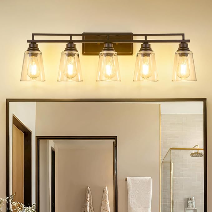 Refice 5-Light Bathroom Vanity Lights, Bathroom Light Fixtures with Clear Glass Shades, Vintage Oil Rubbed Bronze Wall Sconces Over Mirror for Living Room, Farmhouse, Hallway