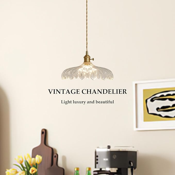 Pendant Lights, 11.8 Inch Hanging Lamp Adjustable 6.5Ft Cord Hanging Lamp Clear Flower Glass Shade Pendant Light Fixture Hanging Pendant Lights for Bedroom