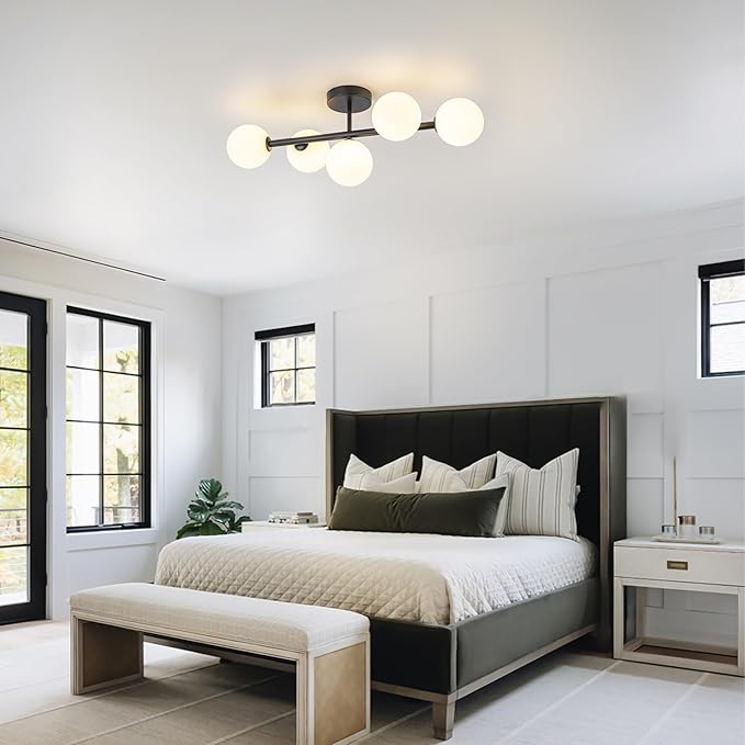 EDISLIVE 5-Light Semi Flush Mount Glass Ceiling Light Frosted Globe, 26.4 in Modern Sputnik Light Fixture Chandeliers with Milk Glass Shade Black Finished