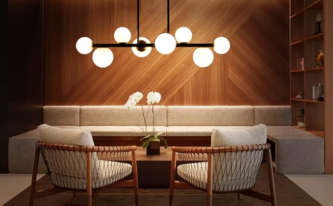 Jonsi Dining Room Light Fixture Over Table, Mid Century Chandeliers, Modern 8 Lights Globe Glass Linear Chandelier Adjustable Ceiling Hanging for Living Dining Room Kitchen Island, Black and Gold