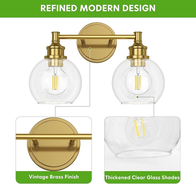 Bathroom Light Fixtures, 2-Light Brushed Gold Vanity Light Globe Glass Shades, Bathroom Lighting Fixtures Over Mirror, Wall Sconces for Master Bathroom, Guest Bathroom, Powder Room, 14-inch
