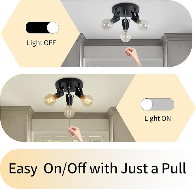 SEEBLEN 3 Light Flush Mount Ceiling Light with Pull Chain, Industrial Kitchen Ceiling with Rotatable Light Head,Black Pull Chain Spotlight for Bedroom Hallway Kitchen Laundry