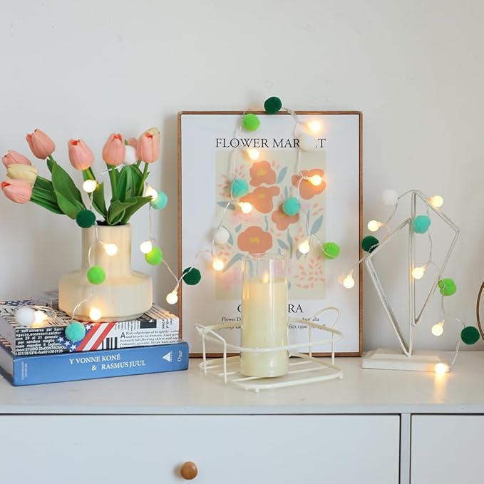 ChiRee Indoor String Lights 6.56 Feet Pom Poms Fairy Lights 20 LED Battery Operated String Ball Lights Warm White Globe Lights Colorful Decor Lights for Home Bedroom Kids Playhouse Holiday Christmas