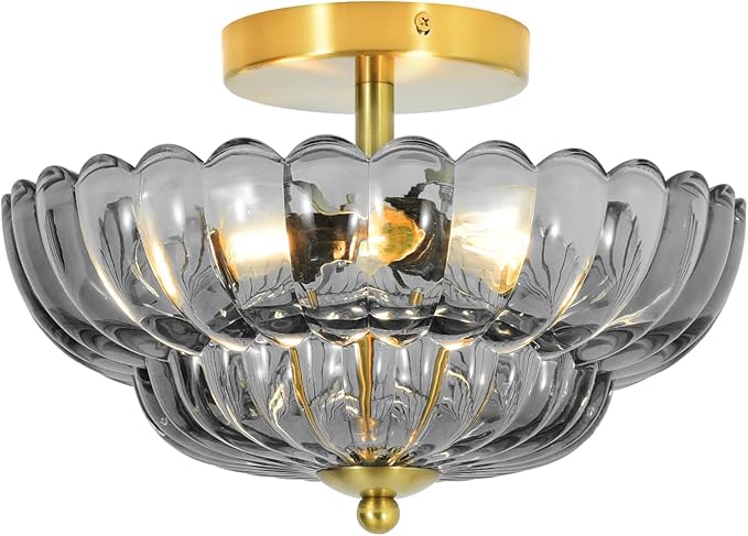 11.8 inch Kitchen Ceiling Light, 3-Light Semi Flush Mount Ceiling Lamp with Flower Glass, Modern Close to Ceiling Light Fixtures for Bathroom Bedroom Hallway Entryway, Smoky Grey