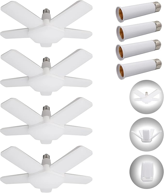 Deformable LED Garage Lights 4 Pack with 5 Adjustable Panels, 10000LM 6500K High Bay Light for Basement Warehouse Workshop