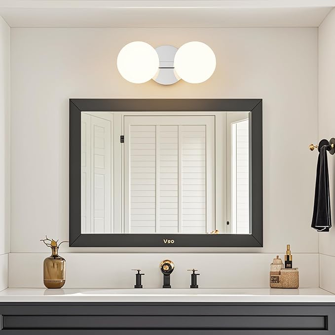 Globe Bathroom Vanity Light Fixtures: Chrome Wall Scones With 2 Milk Glass Shade - Modern Makeup Lighting Fixture over Mirror - Brass Ball Powder Room Vanities Lights for Hallway Bedroom Bulb Excluded