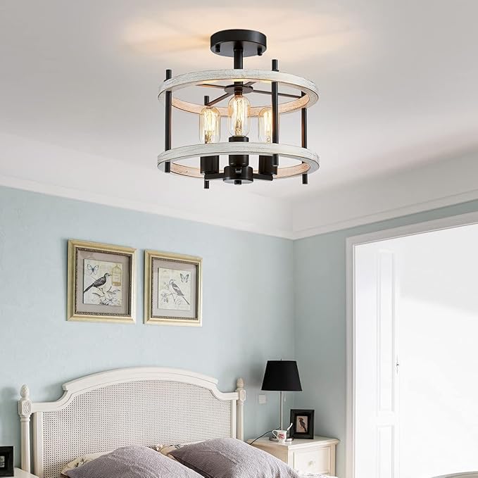 AGV LIGHTING Semi Flush Mount Ceiling Light Fixture, 3-Light Farmhouse Light Fixture Ceiling Mount White Ash Wood Texture Finish