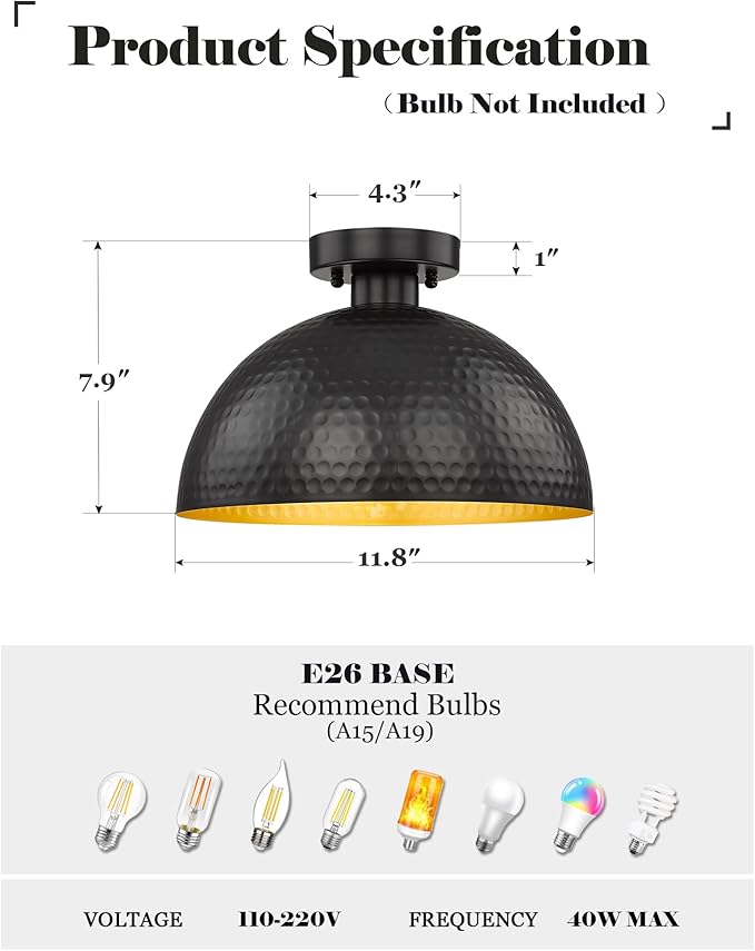 ELYONA 2 Pack Hammered Semi Flush Mount Light Fixture, 12 inch Farmhouse Ceiling Light Fixture with Modern Black and Gold Finish for Bedroom, Bathrooms, Hallway, Kitchen, Porch, Laundry, Foyer