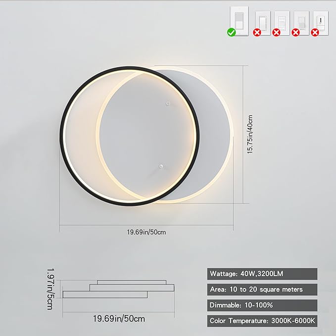 Modern LED Ceiling Light Fixture Black Semi Flush Mount Light with Remote Control 19.69" Hallway Light Fixtures Ceilings Mount Dimmable Ceiling Lamp for Bedroom,Kitchen,Entryway