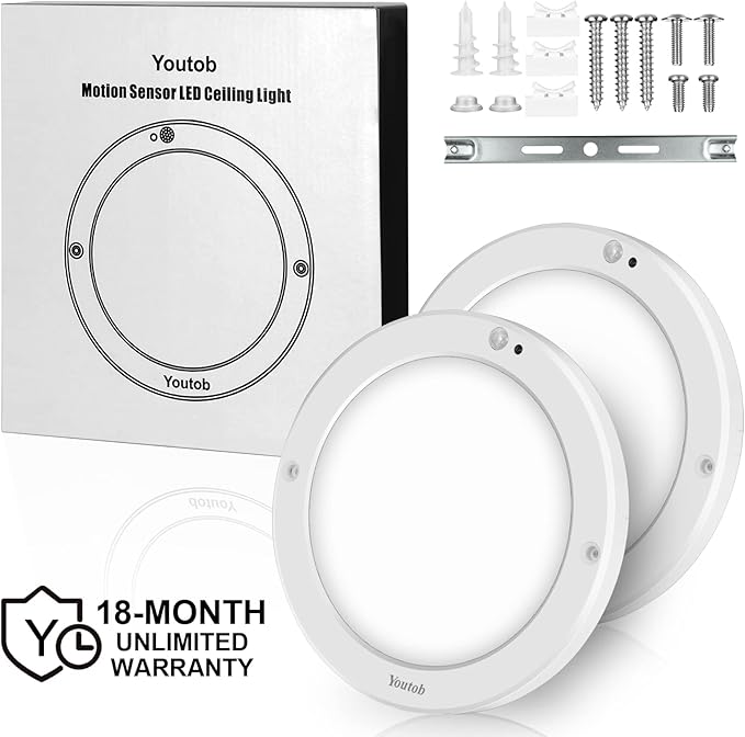 Youtob Motion Sensor LED Ceiling Light 15W 1200LM Flush Mount Round Lighting Fixture for Indoor, Stairs, Closet Rooms, Porches, Basements, Hallways, Pantries, Laundry Rooms(4000K-2 Pack)