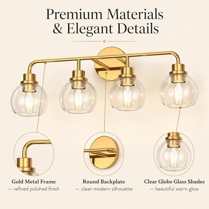 DORESshop Built to Last 20 Years Bathroom Light Fixtures, 4-Light Vanity Lights Over Mirror, Gold Wall Lamp with Clear Glass for Living Room Decor Bedroom Porch Cabinet
