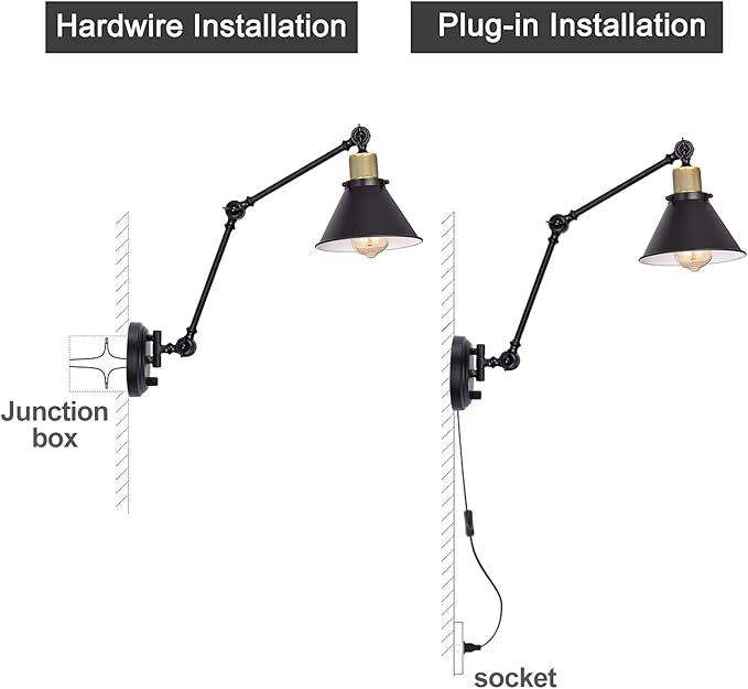 TRLIFE Wall Sconce Plug in, Dimmable Wall Sconce with Switch Swing Arm Wall Lights Plug in Wall Mounted Light Wall Sconces Lighting with 6FT Plug in Cord, E26 Base, UL Listed(Two Arms, 1 Pack)