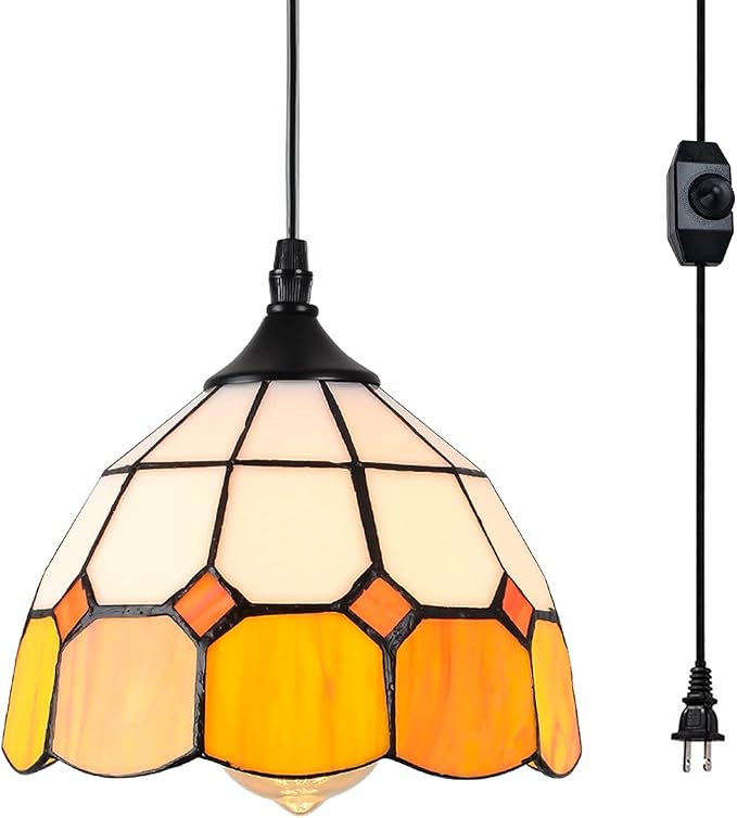 Tiffany Hanging Pendant Light - Dimmable Mini Plug in Light Fixture, Perfect Vintage Swag Ceiling Lamp for Dining Room, Bedroom or Porch,16.4 Ft Hanging Cord, 7.9" Width