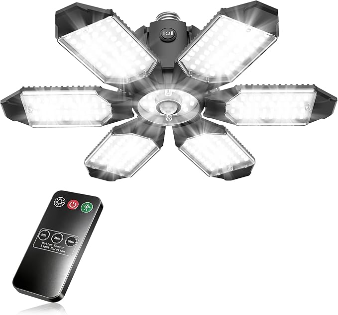 TANBABY 260W Motion Sensor Garage Lights, 30000LM Shop Lights with Remote Control 3 Modes (ON/Off/AUTO), 30/60/120s Timer, E26 Screw-in Deformable 6-Panel 6500K Ceiling Light for Garage Shop Basement