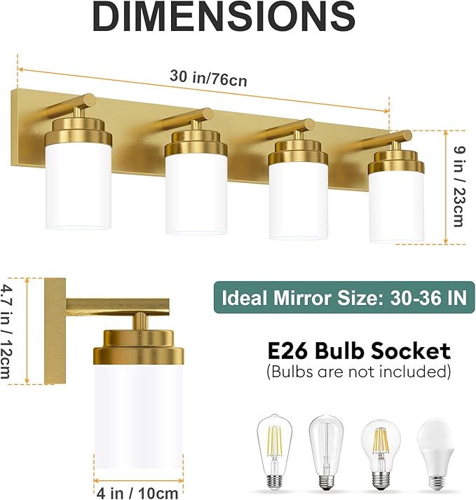 IZORRO Bathroom Vanity Light Fixture, 4-Light 30 Inch Gold Bathroom Light Fixtures Over Mirror, with White Glass Shade, Modern Farmhouse Vanity Lights, Rustic Restroom Lighting Fixtures