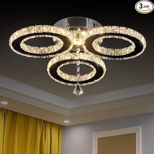 LED Crystal Pendant Ceiling Light 13x3.5 Inches 3 Rings Crystal Chandelier Flush Mount Lighting Fixture for Bedroom Hobby Living Room (Warm White)