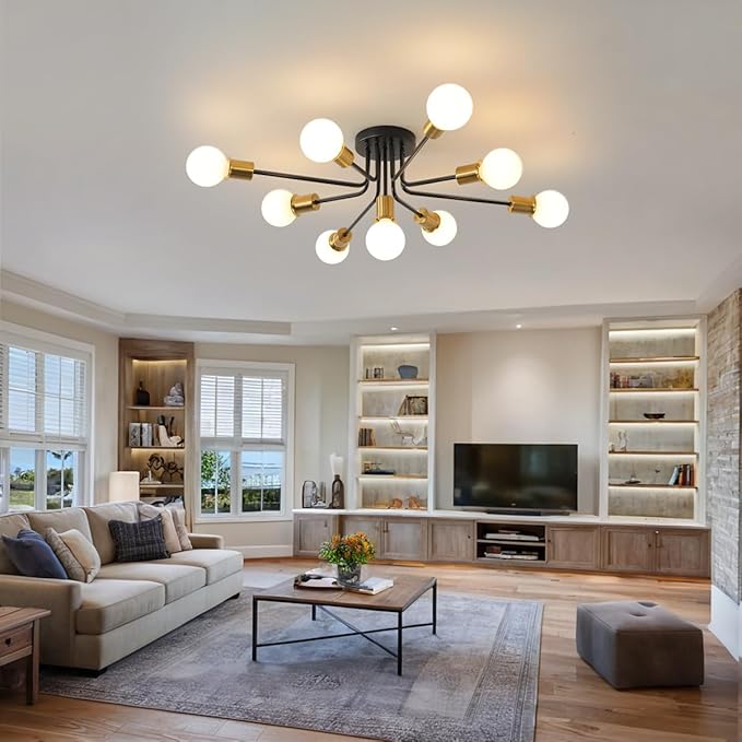 9-Lights Semi Flush Mount Ceiling Light Fixture Black and Gold,Modern Sputnik Semi Flush Mount Chandelier for Office Kitchen Bedroom Dining Room Living Room