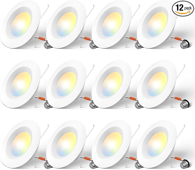 Amico 5/6 inch 5CCT LED Recessed Lighting 12 Pack, Dimmable, Damp Rated, 12.5W=100W, Can Lights with Baffle Trim, Retrofit Installation, ETL&FCC, White