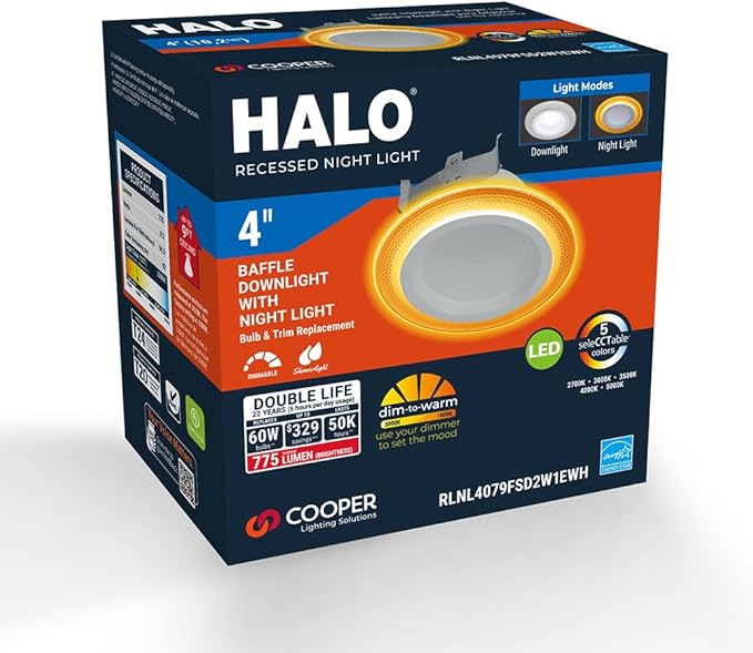 HALO RL Night Light 4 in LED Recessed Downlight with Night Light Mode, 700 Lumens, Selectable CCT 2700K-5000K, Dim-to-Warm, Matte White - RLNL4079FSD2W1EWH