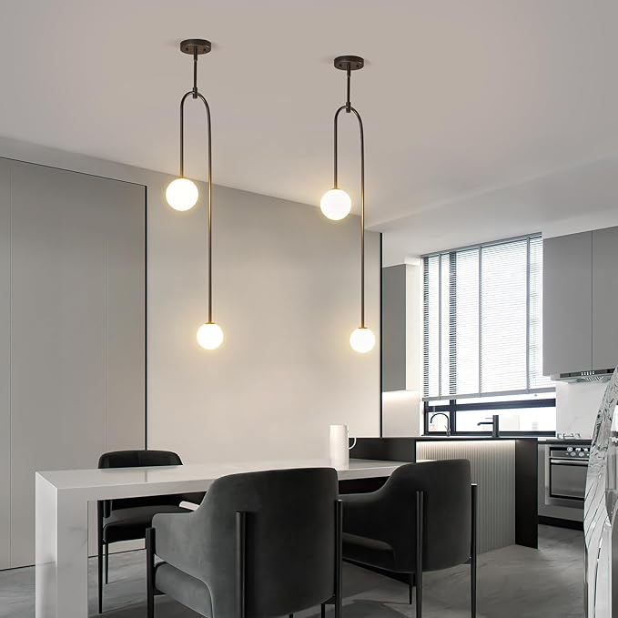 Modern Milk Glass Pendant Light 2 Light Mid Century Chandelier Small Glass Globe Black Pendant Lights for Kitchen Island Bedroom Dining (2 Pack)