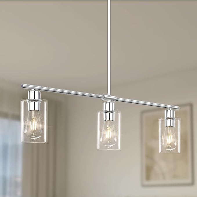 Kitchen Island Lighting, 3 Lights Linear Chandeliers Rectangle Pendant Light Fixtures for Dining Room Farmhouse Hanging Light with Glass Shades(Chrome)