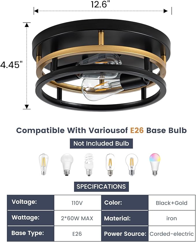 2 Light Industrial Ceiling Light Black Gold Semi Flush Mount Lights Close to Ceiling Light Fixtures,cage design Farmhouse Ceiling Lighting for Kitchen Bedroom Bathroom Foyer Hallway (E26, 2Pack)